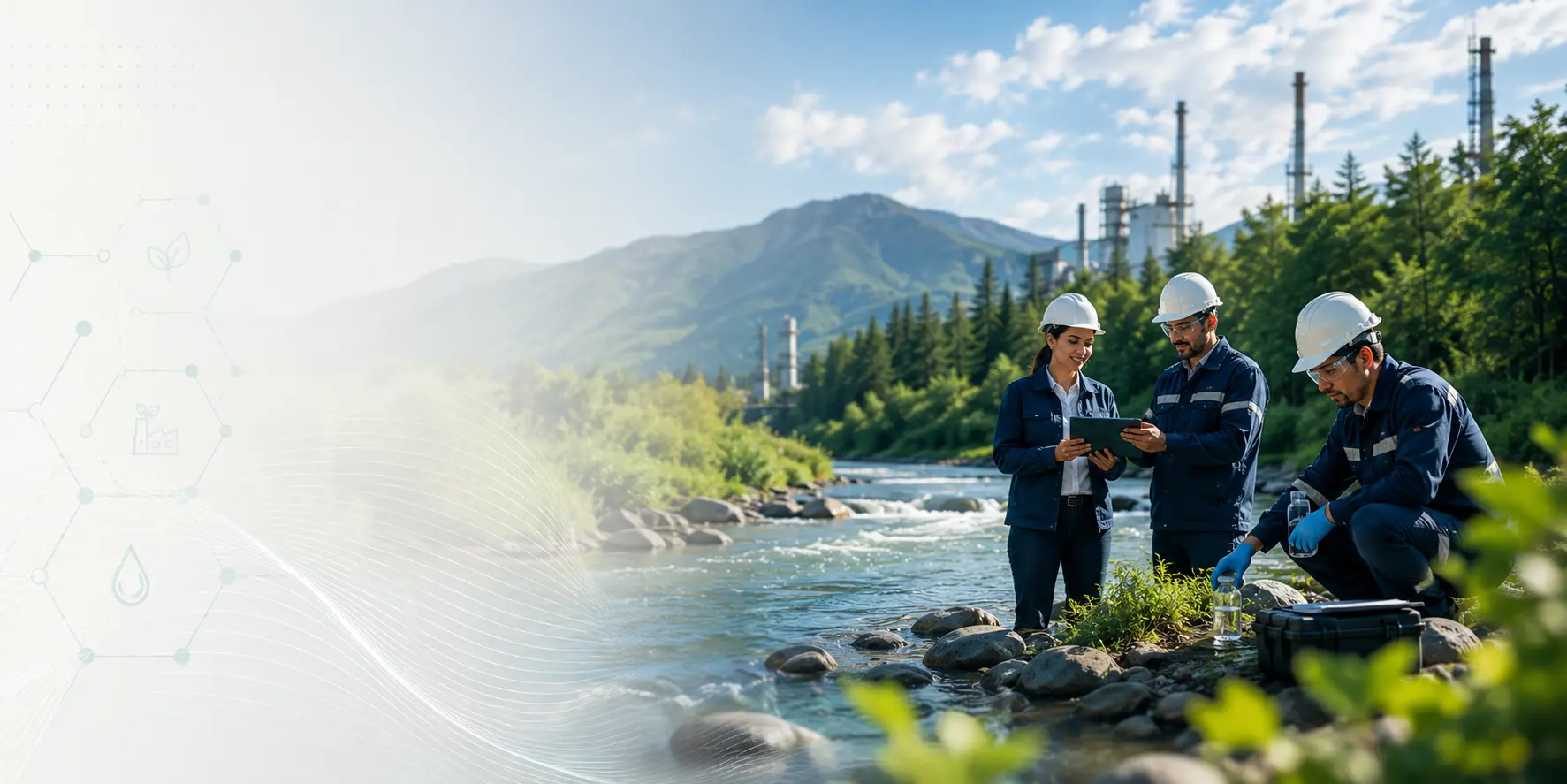 A cinematic, high-resolution wide shot of a pristine natural water source meeting a modern industrial facility, captured during the golden hour with soft, diffused sunlight. The scene emphasizes a harmonious balance between engineering and the environment, using a sophisticated color palette of deep mineral blues and oxygenated teals. The visual style is premium and editorial, suggesting technical precision and ecological stewardship.